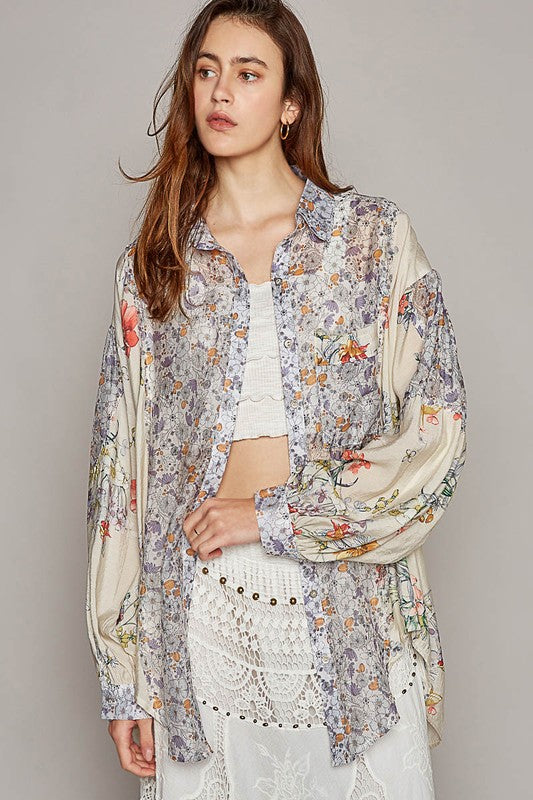 Mila Provence Lavender Cream Retro Floral Print Button Down Shirt