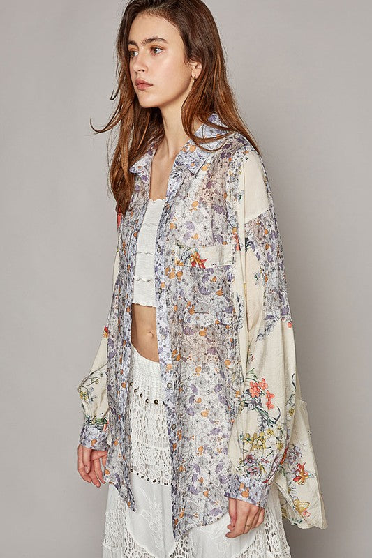 Mila Provence Lavender Cream Retro Floral Print Button Down Shirt