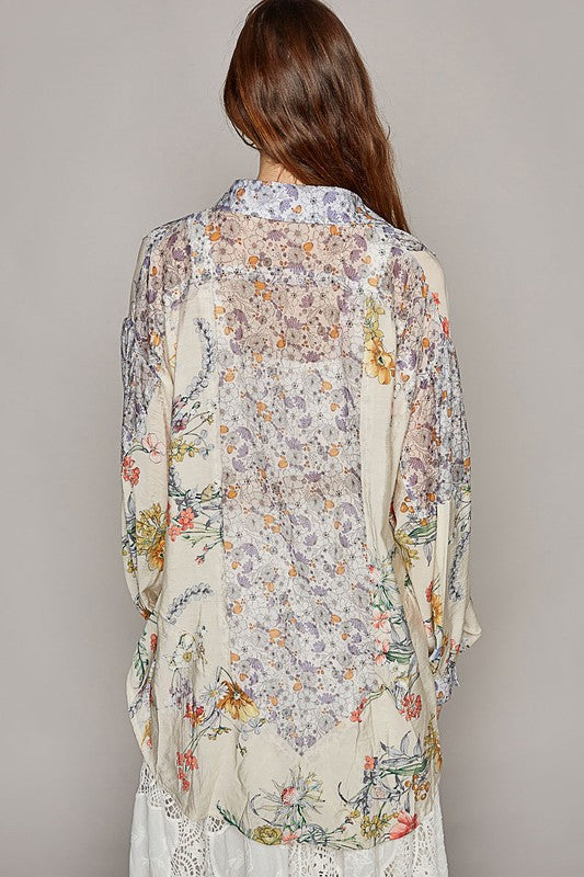 Mila Provence Lavender Cream Retro Floral Print Button Down Shirt