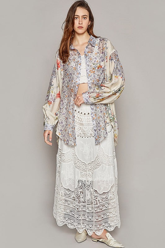 Mila Provence Lavender Cream Retro Floral Print Button Down Shirt