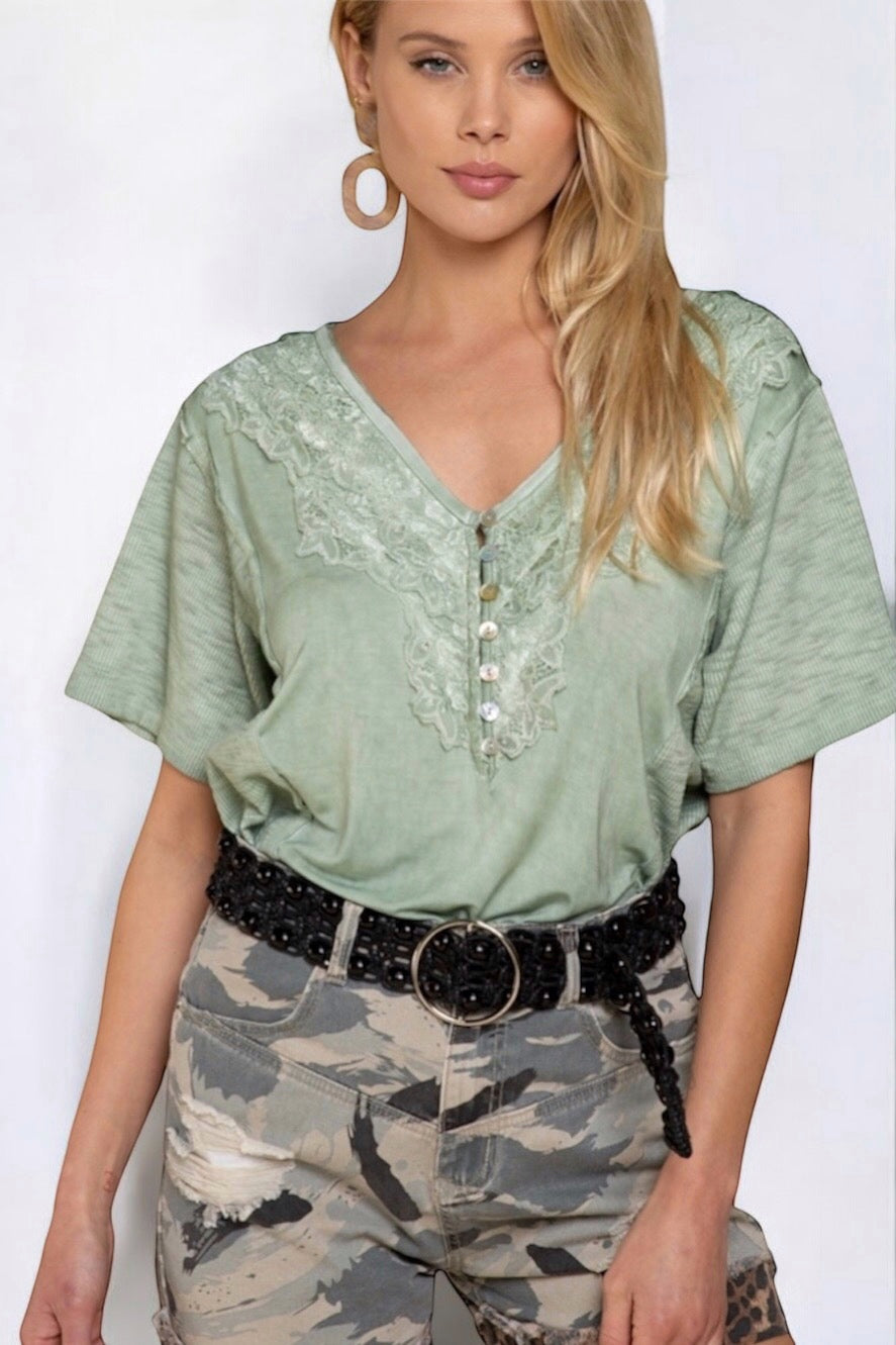Petal Pusher Henley Tee with Lace