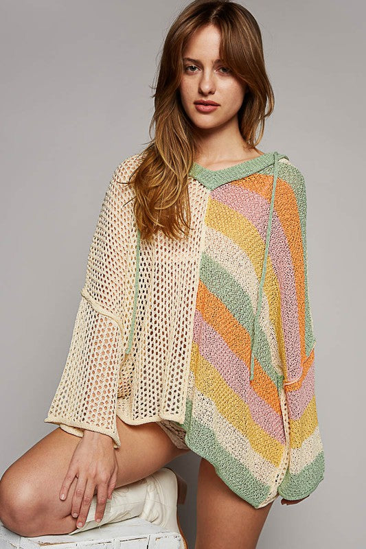 Ojai Pixie Sunset Solid + Striped Mixed Knit Summer Hoodie Sweater