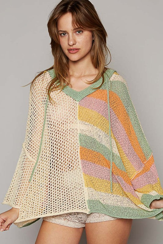 Ojai Pixie Sunset Solid + Striped Mixed Knit Summer Hoodie Sweater
