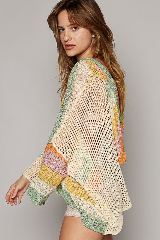 Ojai Pixie Sunset Solid + Striped Mixed Knit Summer Hoodie Sweater