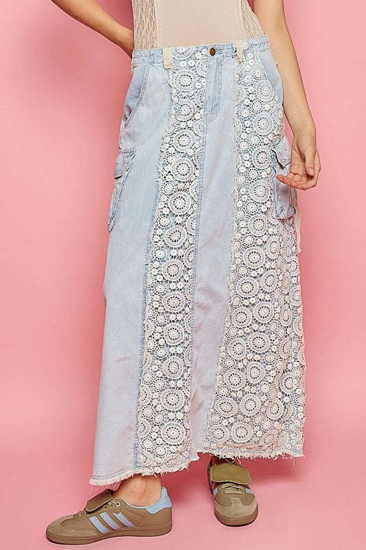 Those Who Wander Vintage Washed Lace Paneled Denim Maxi Skirt