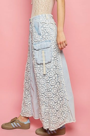 Those Who Wander Vintage Washed Lace Paneled Denim Maxi Skirt