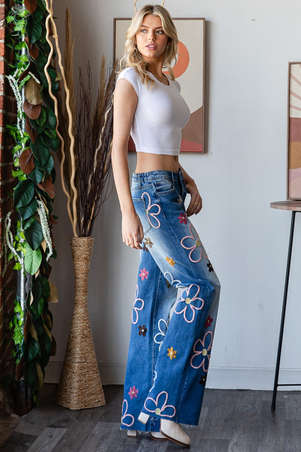 Flower Power Embroidered Straight Wide Leg Jeans