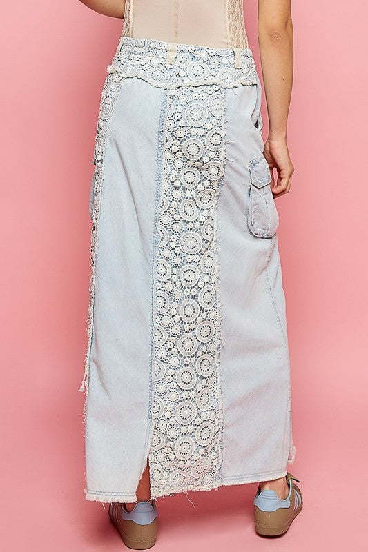 Those Who Wander Vintage Washed Lace Paneled Denim Maxi Skirt