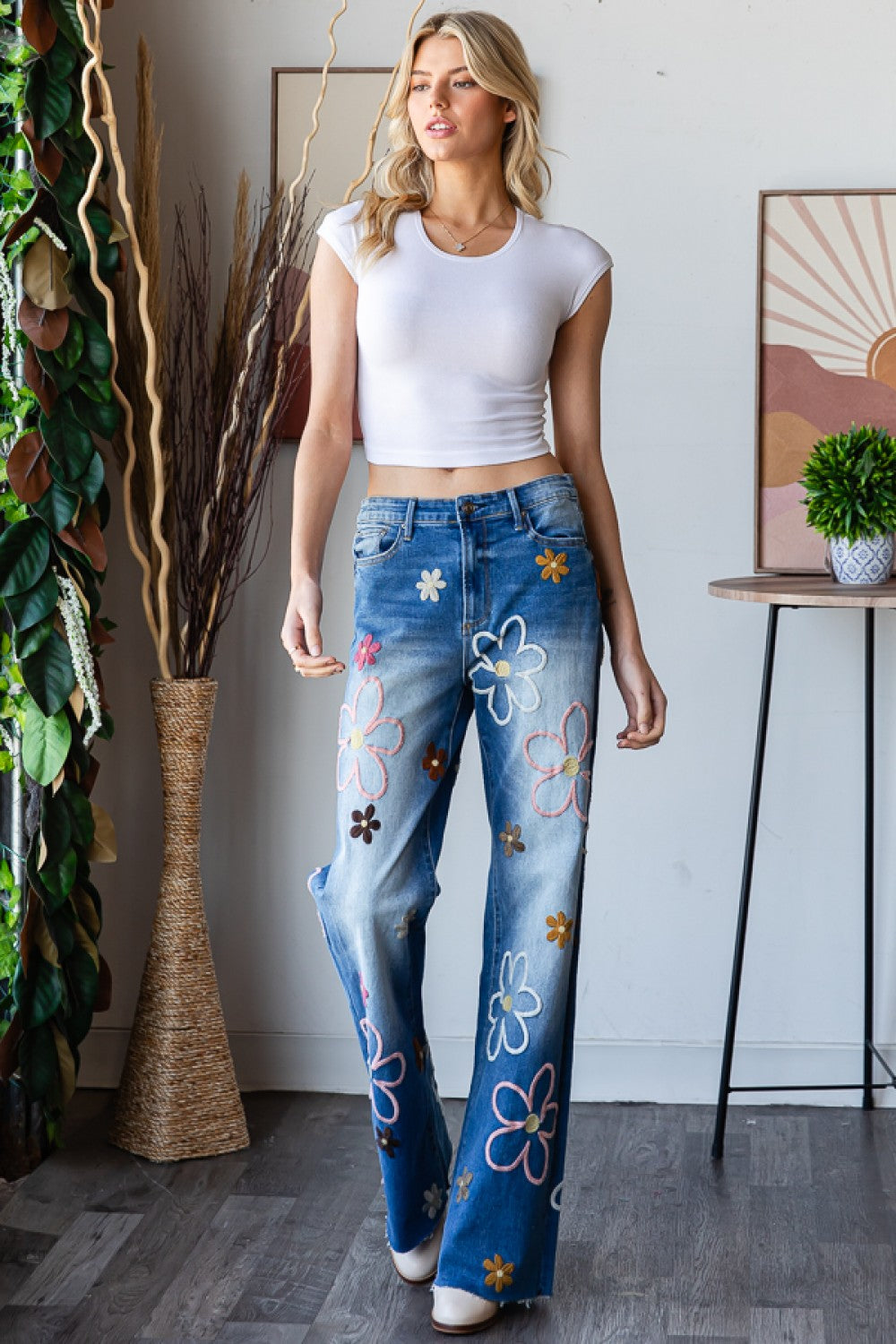 Flower Power Embroidered Straight Wide Leg Jeans