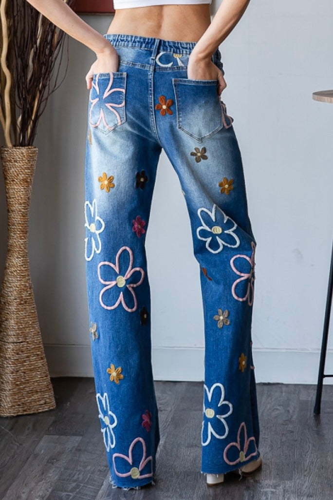 Flower Power Embroidered Straight Wide Leg Jeans