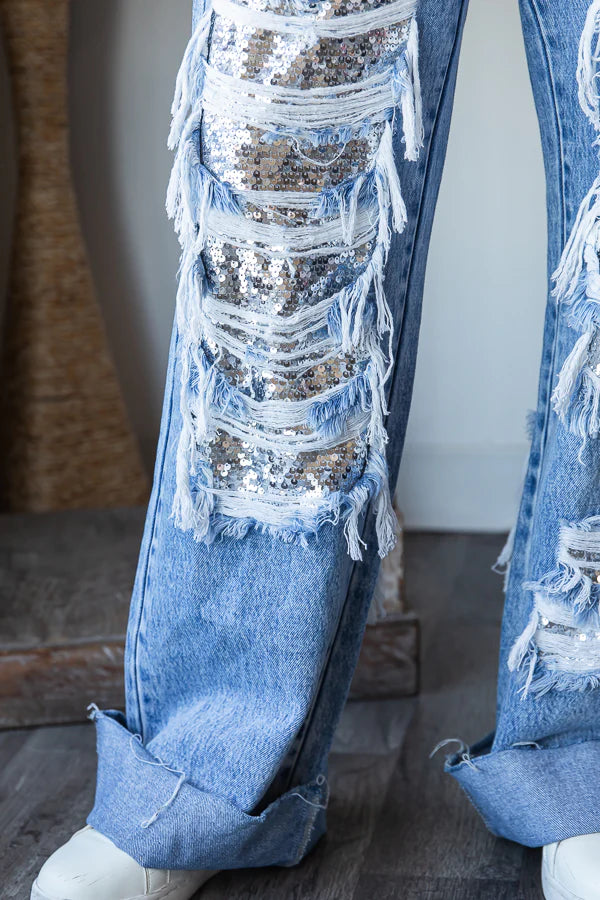 Lit Up Silver Sequin Patched Distressed Baggy Jeans