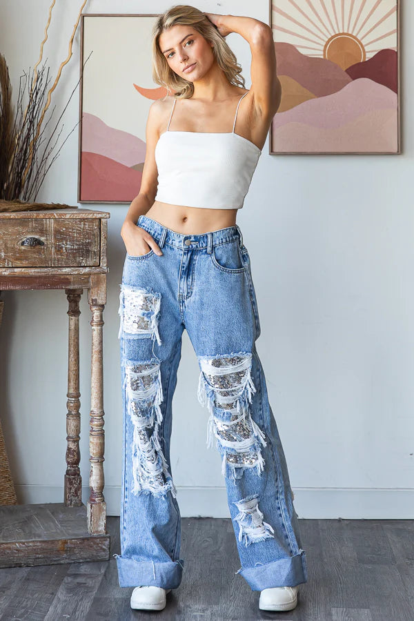 Lit Up Silver Sequin Patched Distressed Baggy Jeans