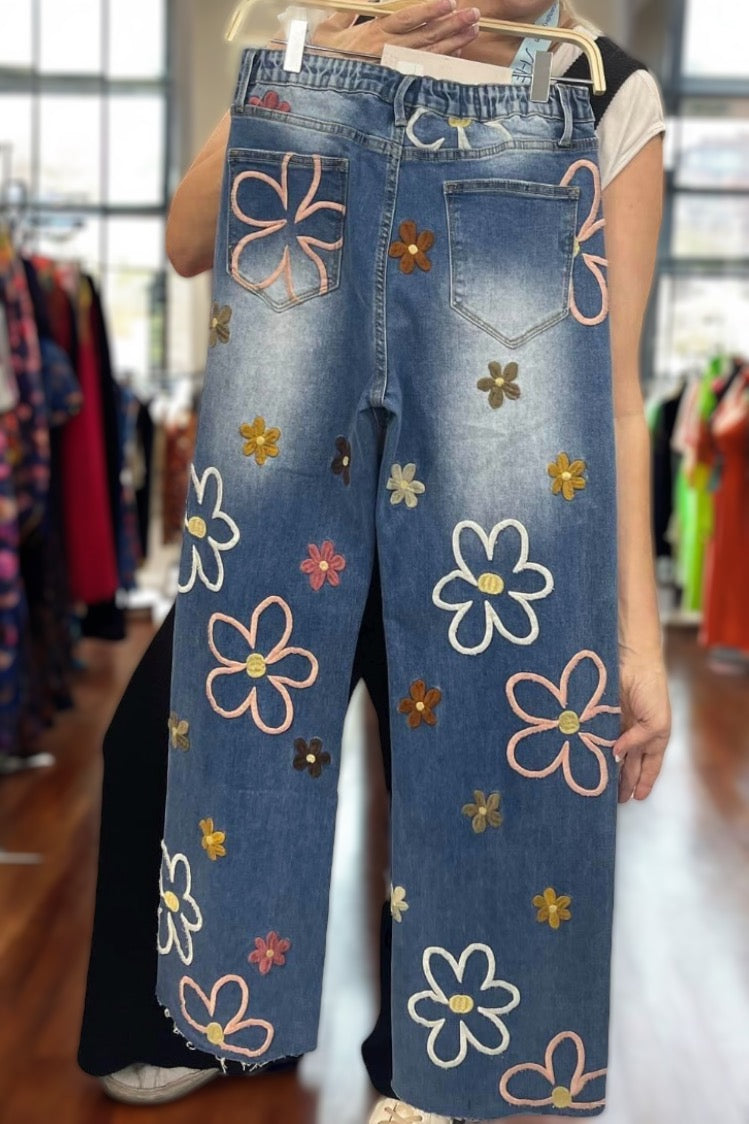 Flower Power Embroidered Straight Wide Leg Jeans