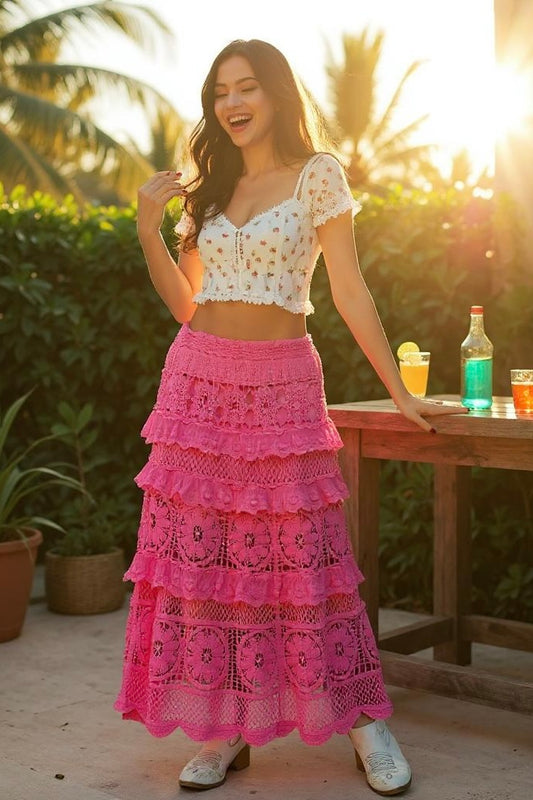 Kava Nights Tiered Ruffled Flowy Crochet Maxi Skirt