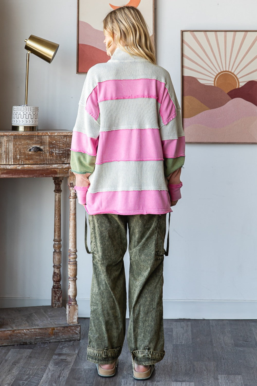 Right On Color Block Striped Half Zip Pullover with Pockets