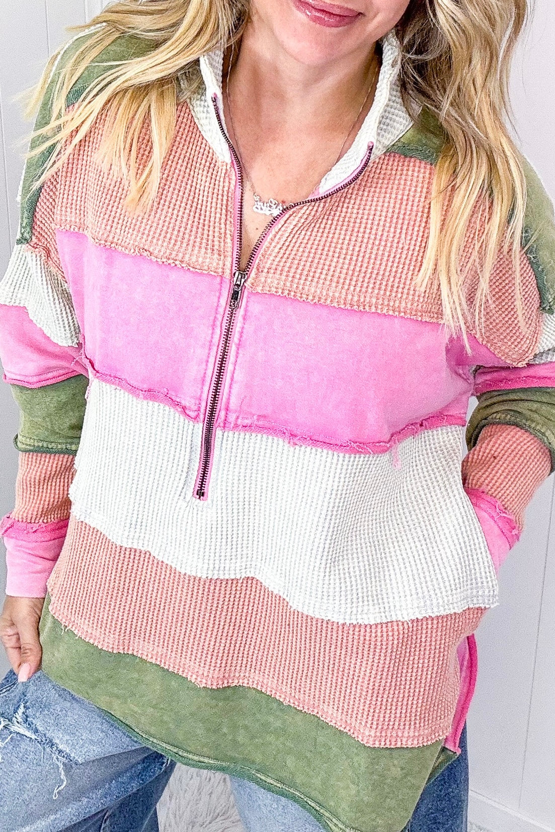 Right On Color Block Striped Half Zip Pullover with Pockets