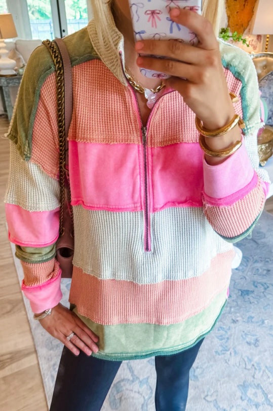 Right On Color Block Striped Half Zip Pullover with Pockets
