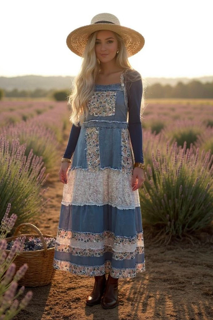 Love Bomb Floral Patchwork Washed Denim Skirtall