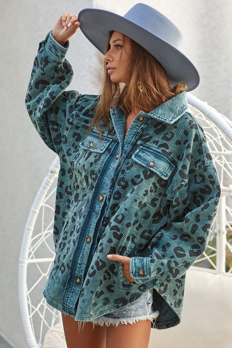 Road Trip Vintage Washed Leopard Corduroy Jacket (2 Colors)