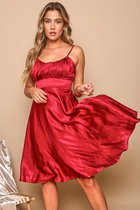 It Must Be Fate Burgundy Satin Full Skirt Midi Dress