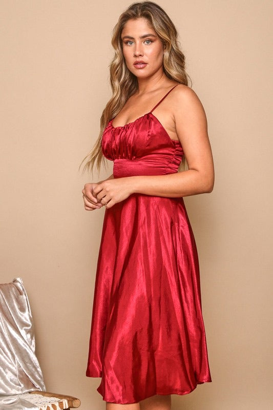 It Must Be Fate Burgundy Satin Full Skirt Midi Dress