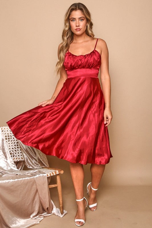 It Must Be Fate Burgundy Satin Full Skirt Midi Dress