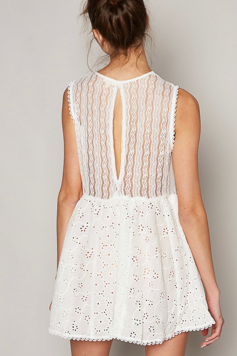 Dreamcatcher Sleeveless Embroidered Eyelet A-Line Tunic Top
