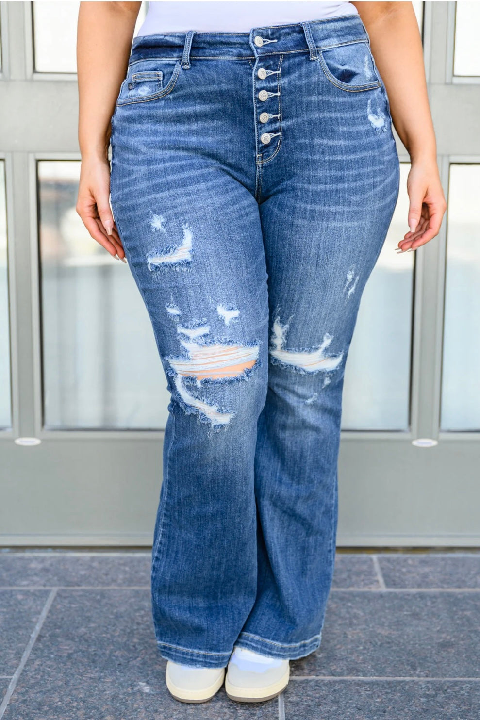 Date Night Button Fly Distressed Flares (1/25 to 24)