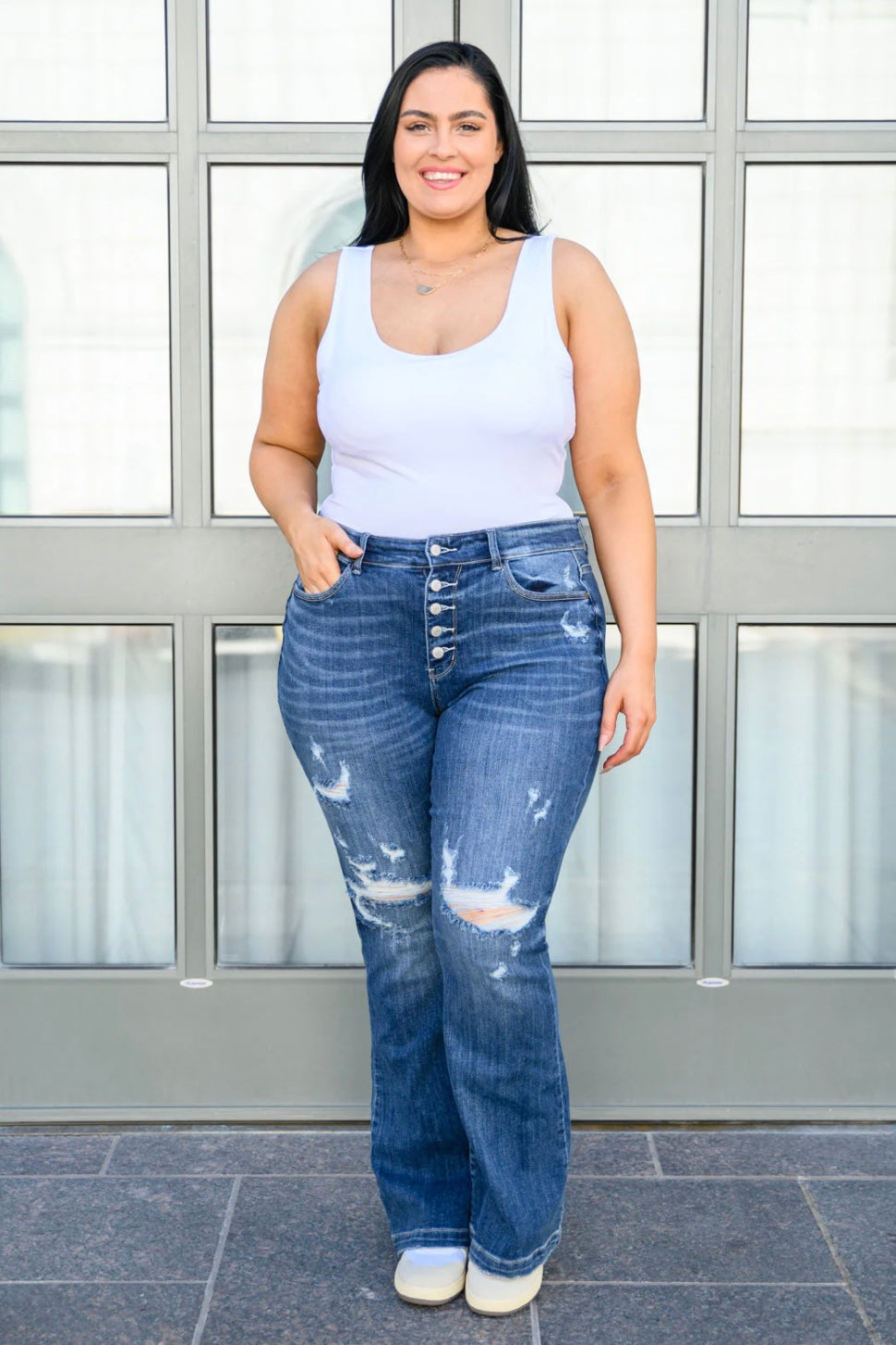 Date Night Button Fly Distressed Flares (1/25 to 24)