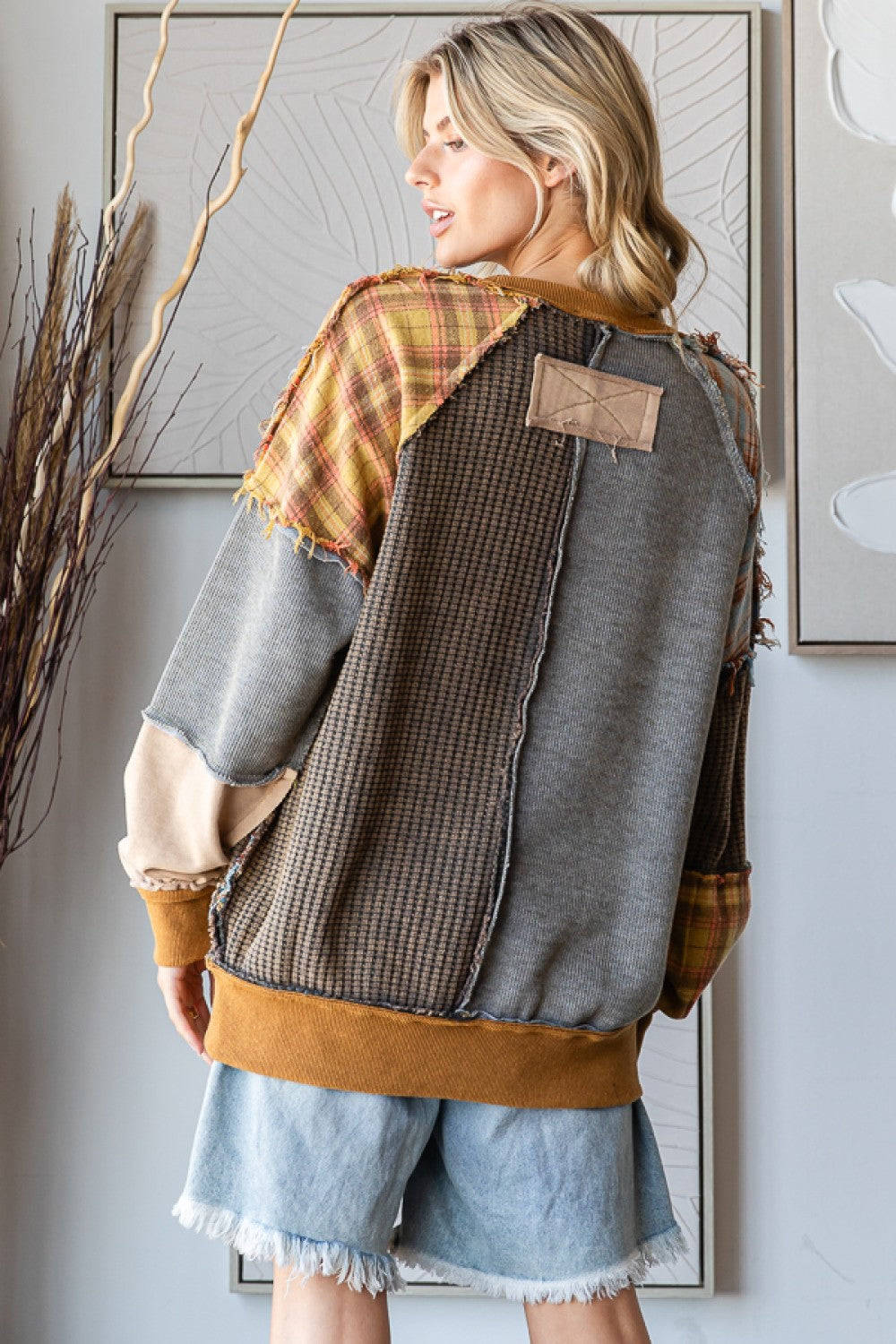 All In Washed Plaid Mixed Patchwork Pullover