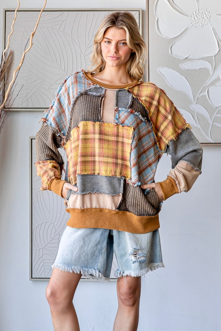 All In Washed Plaid Mixed Patchwork Pullover