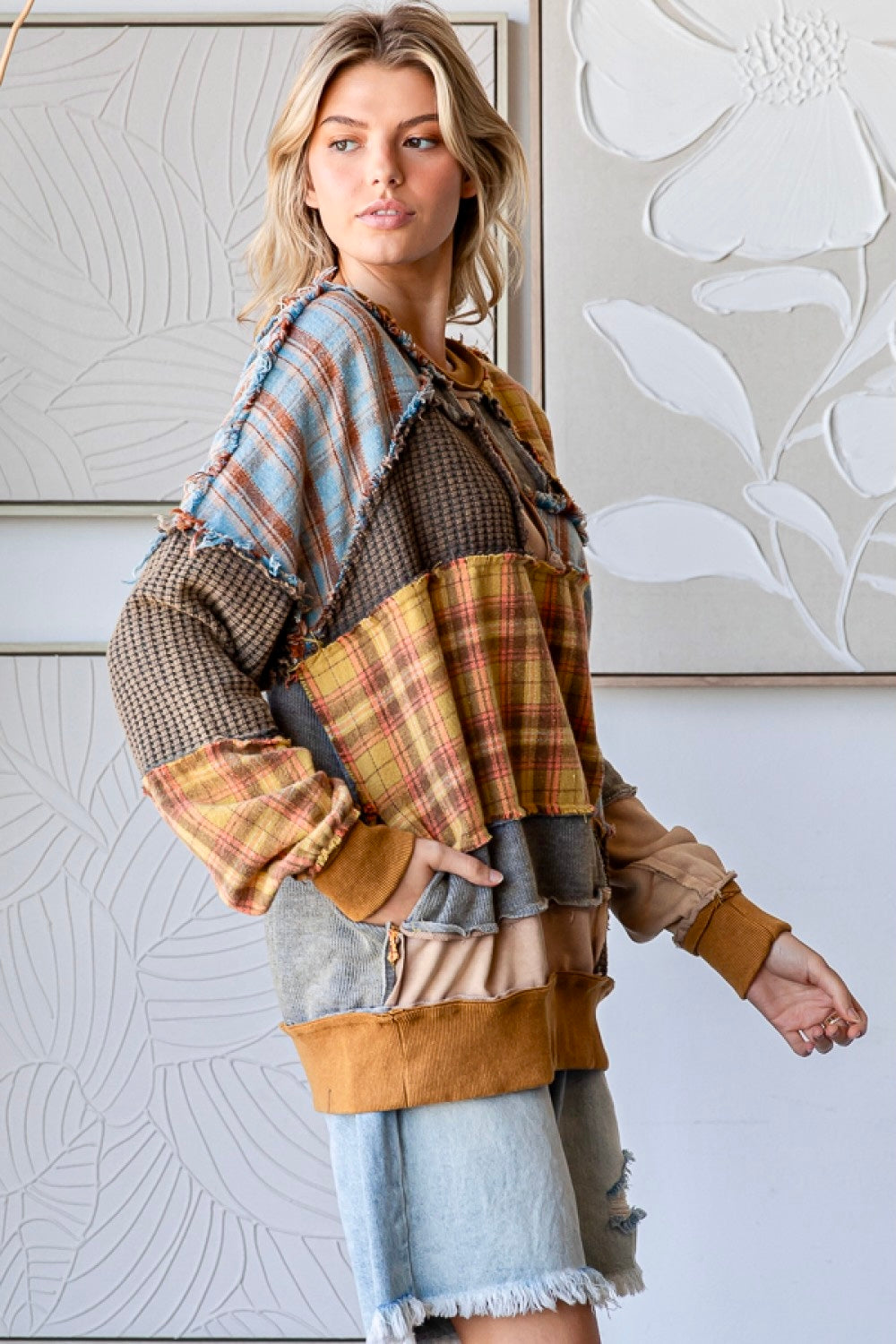 All In Washed Plaid Mixed Patchwork Pullover