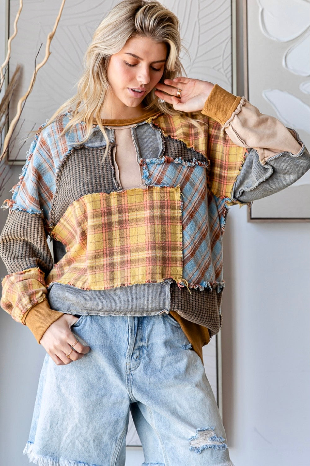 All In Washed Plaid Mixed Patchwork Pullover