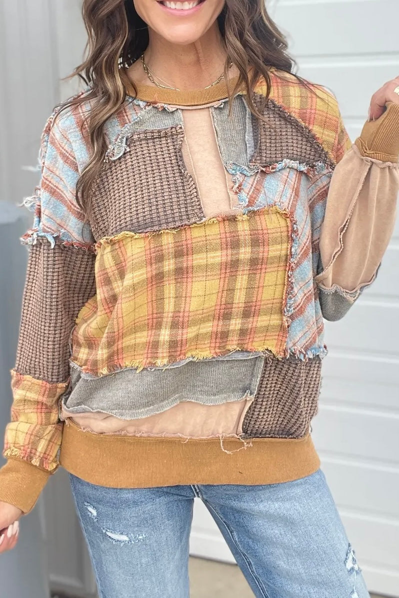 All In Washed Plaid Mixed Patchwork Pullover
