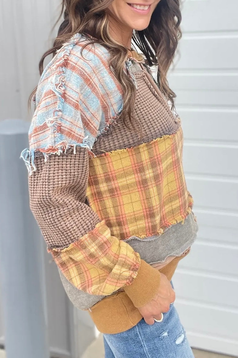 All In Washed Plaid Mixed Patchwork Pullover