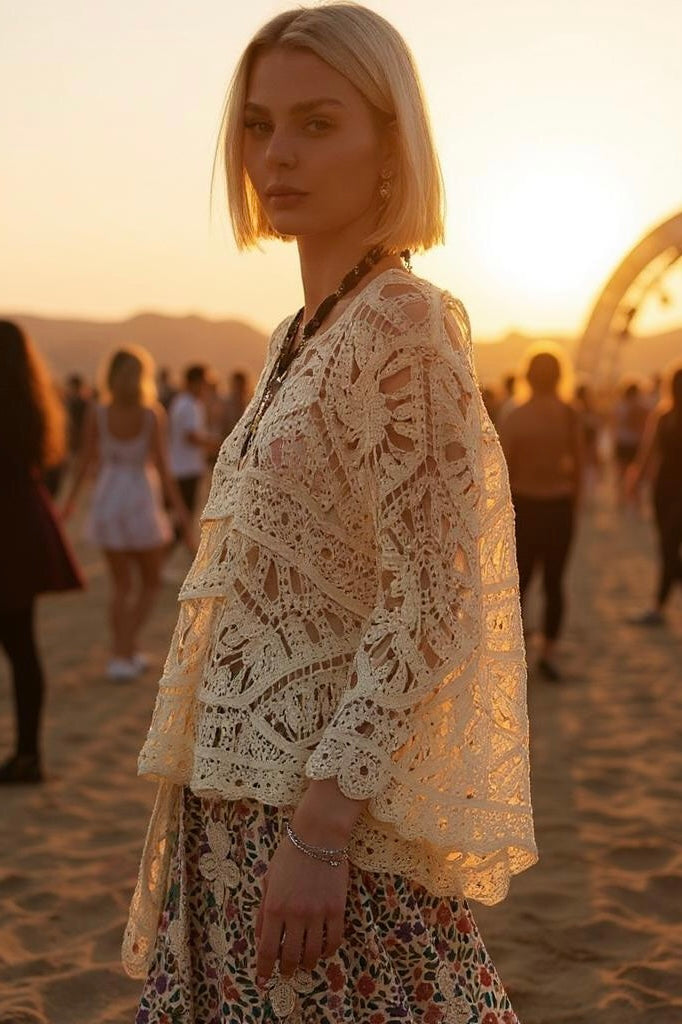 Woman standing on a beach at sunset wearing a cream crochet top and a colorful embroidered skirt; surrounded by festival-goers and beach umbrellas; styled with layered jewelry and hoop earrings; evokes vacation-ready fashion, boho beach concert styling, and coastal sunset chic with artisanal flair.