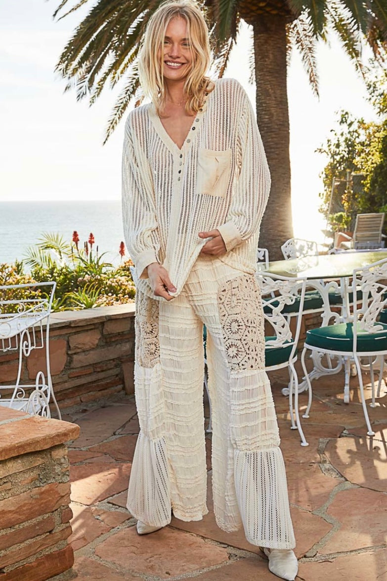Coast To Coast Textured Woven Crochet Patched Flowy Wide Leg Pants