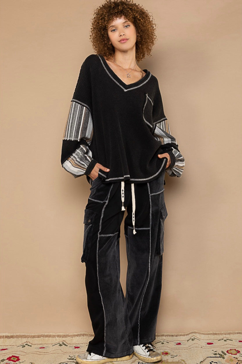 One Night Striped Sleeve V Neck Slouchy Thermal Knit Top (2 Colors)