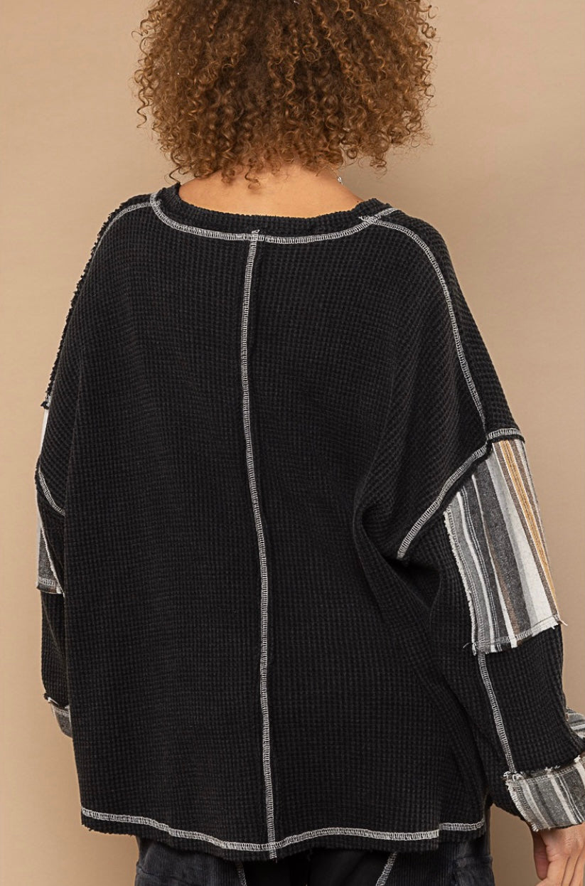 One Night Striped Sleeve V Neck Slouchy Thermal Knit Top (2 Colors)