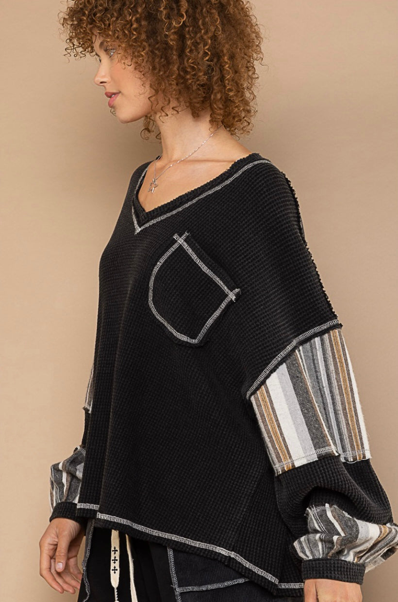 One Night Striped Sleeve V Neck Slouchy Thermal Knit Top (2 Colors)