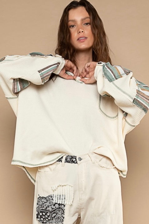 One Night Striped Sleeve V Neck Slouchy Thermal Knit Top (2 Colors)