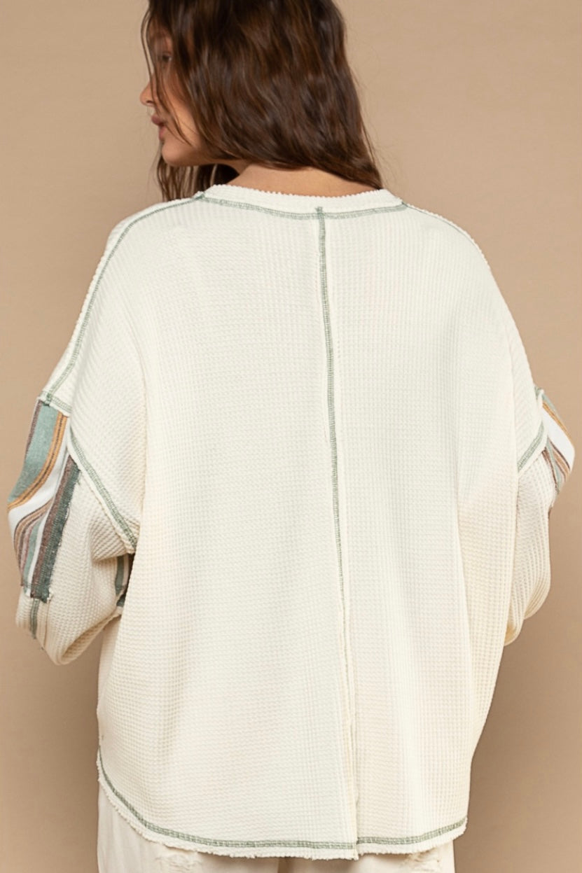 One Night Striped Sleeve V Neck Slouchy Thermal Knit Top (2 Colors)