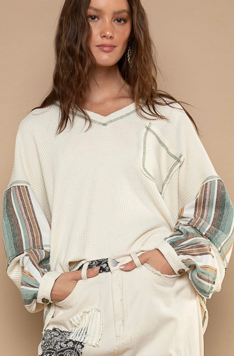 One Night Striped Sleeve V Neck Slouchy Thermal Knit Top (2 Colors)