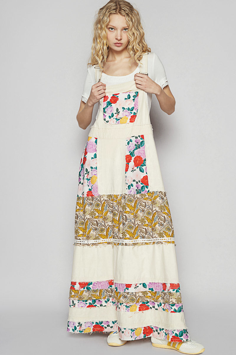Love Bomb Floral Patchwork Washed Denim Skirtall | Cream