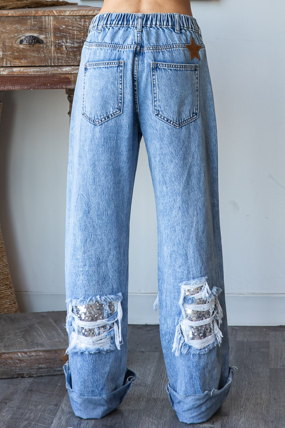 Lit Up Silver Sequin Patched Distressed Baggy Jeans