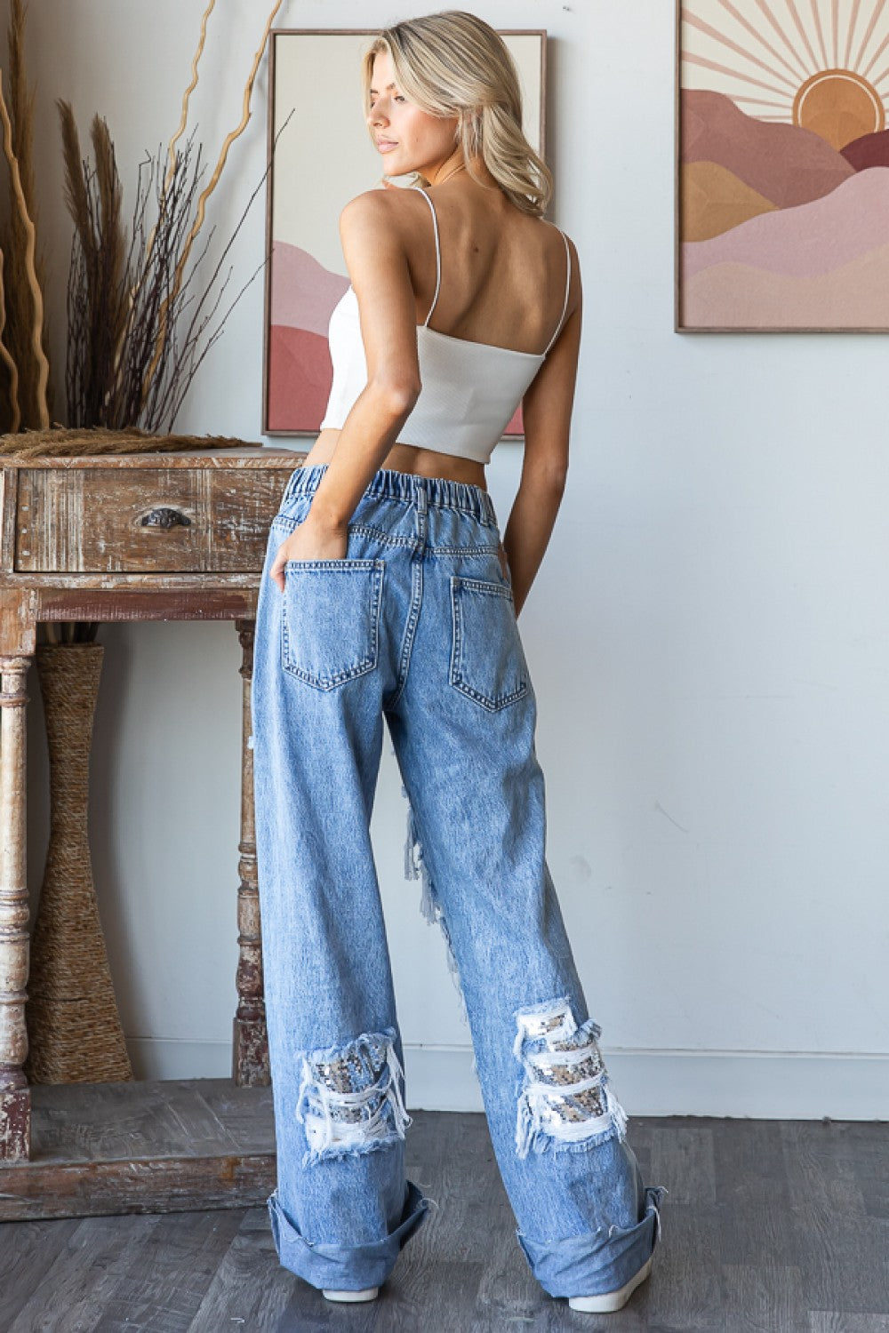 Lit Up Silver Sequin Patched Distressed Baggy Jeans