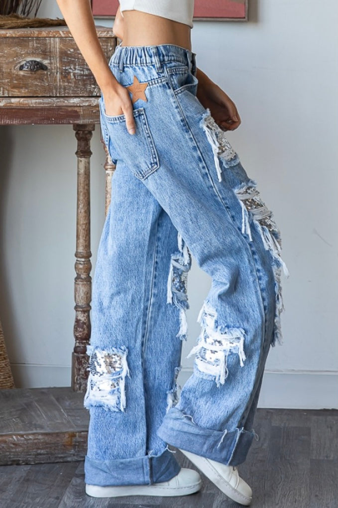 Lit Up Silver Sequin Patched Distressed Baggy Jeans