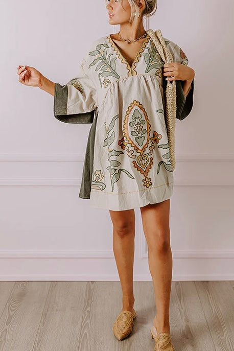 Desert Days Embroidered V Neck Half Sleeve Babydoll Dress