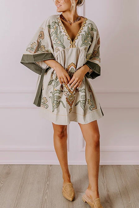 Desert Days Embroidered V Neck Half Sleeve Babydoll Dress