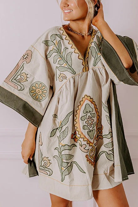 Desert Days Embroidered V Neck Half Sleeve Babydoll Dress